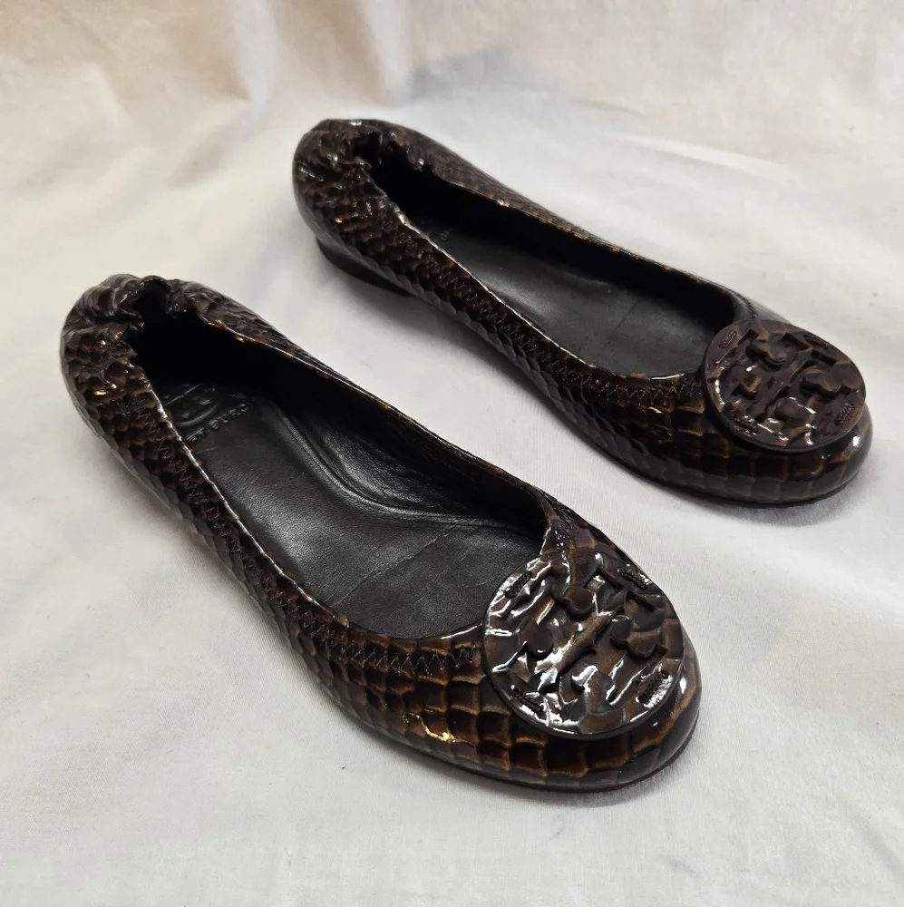 Tory Burch Women's 6 Reva Ballet Flats Brown Snake Skin Patent Leather - Picture 1 of 9
